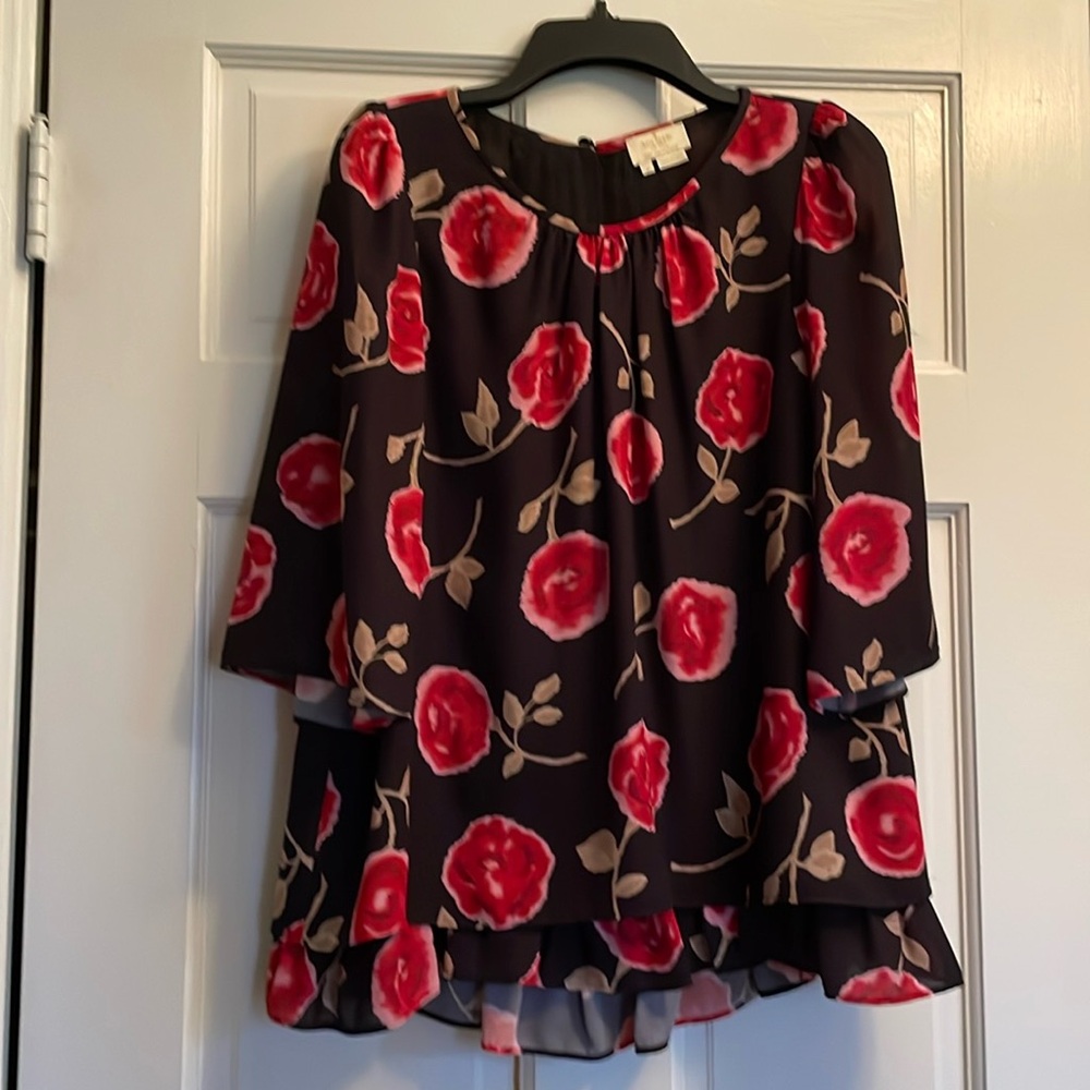 Kate spade double layer rose print 3/4 length sleeves boat neckline blouse